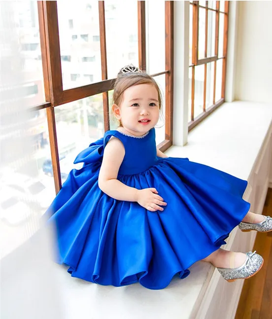 Baby Girl Party Dress Rolay Blue Summer New Children\'s Dress Big Bow Toddler Kids 1st Birthday Baptism Gown Bridesmaid Dress