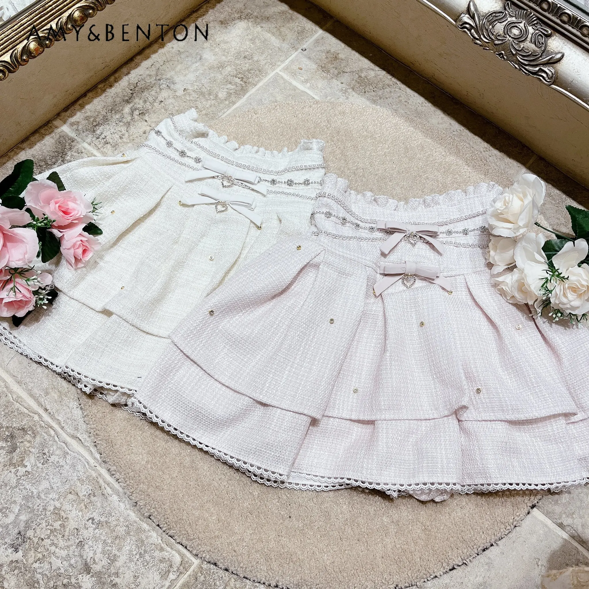 Japanese Mine Series Mass-produced Sweet Cute Pearl Bow Ruffle Edge Mini Skirt Pants Lolita High Waist Double Layered Skirts