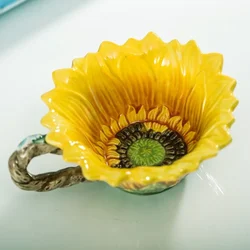 Creative Sunflower Ceramic Coffee Mugs Set with Butterfly Spoon, Tea Mugs, Home Decor, 150 ml