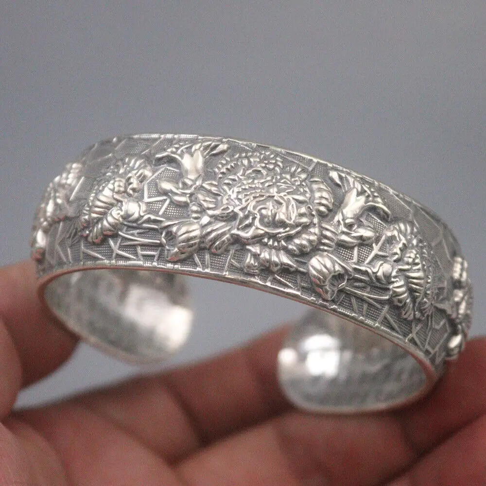 

Solid 999 Fine Silver 23mm Wider Rich Peony Pattern Cuff Open Bangle 2.56" Dia.