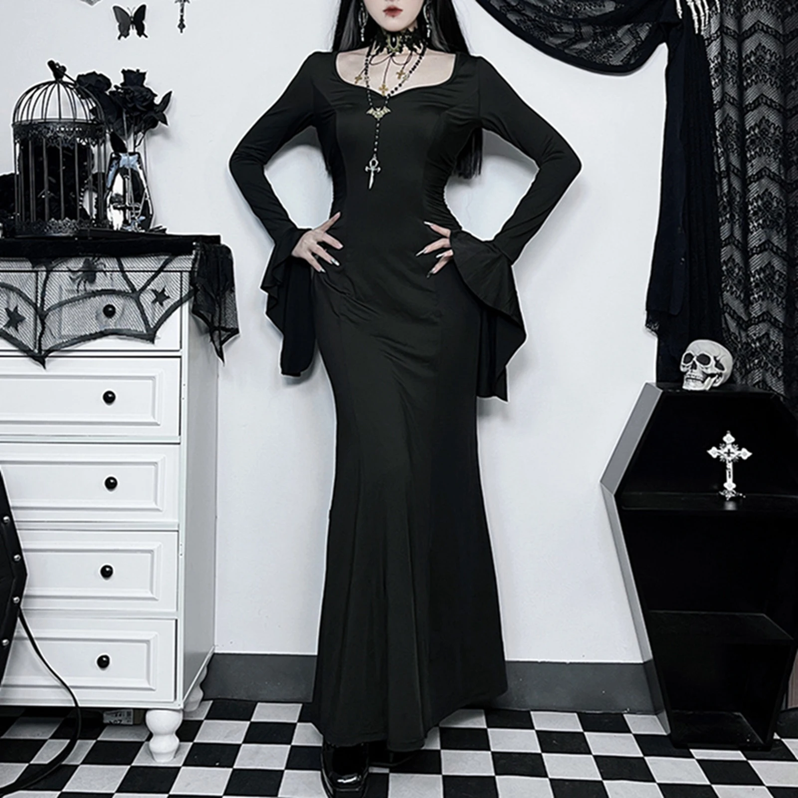 

Halloween Gothic Dark Party Dress Women Aesthetic Vintage Elegant Nightclub Long Sleeve High Waist Trumpet Dress Female