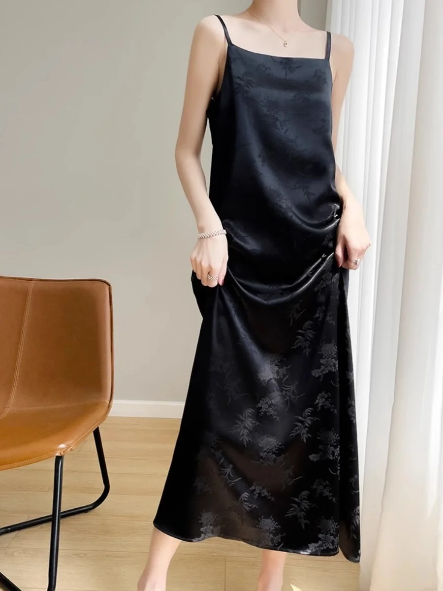 Ele soie Satin longue Dr femmes été nouveau Sle t-shirt acétate broderie Strapl a-ligne robe Ele Sensation minceur