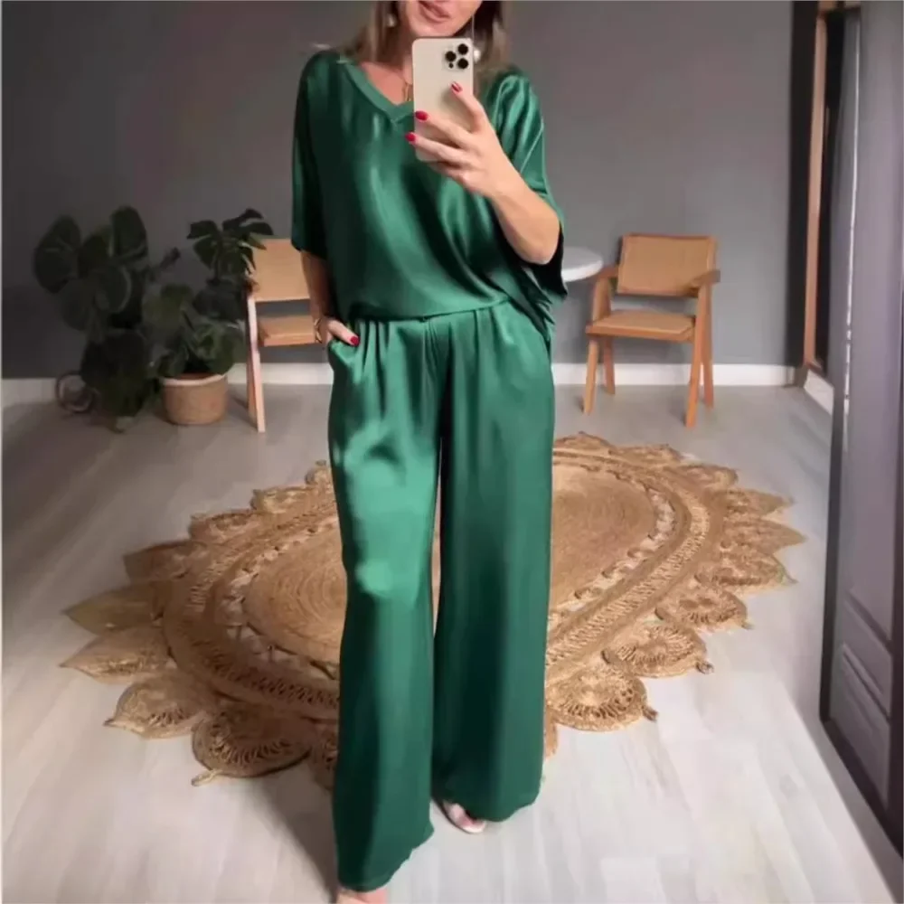 Elegant Solid Color Satin Women Suit 2024 Summer Autumn Short Sleeves Loose T-shirts Elastic Waist Wide Leg Trousers 2 Piece Set