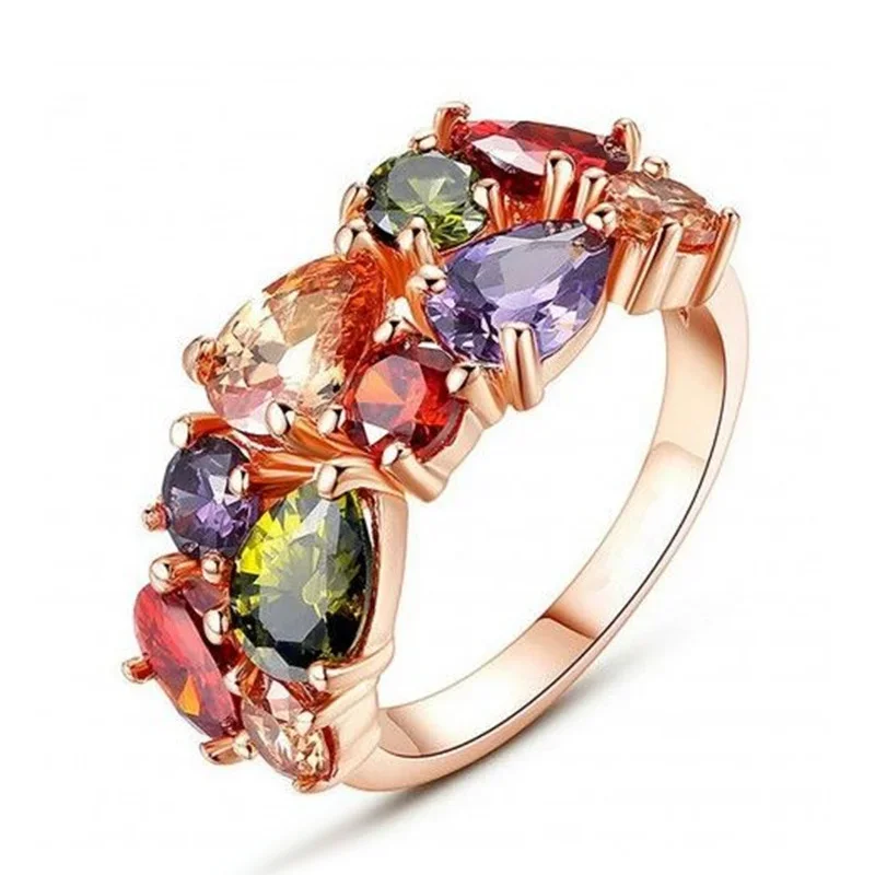 Anillo de dedo de circonita colorida brillante para mujer, accesorios de Color oro rosa para ceremonia de compromiso, joyería estética elegante, nuevo