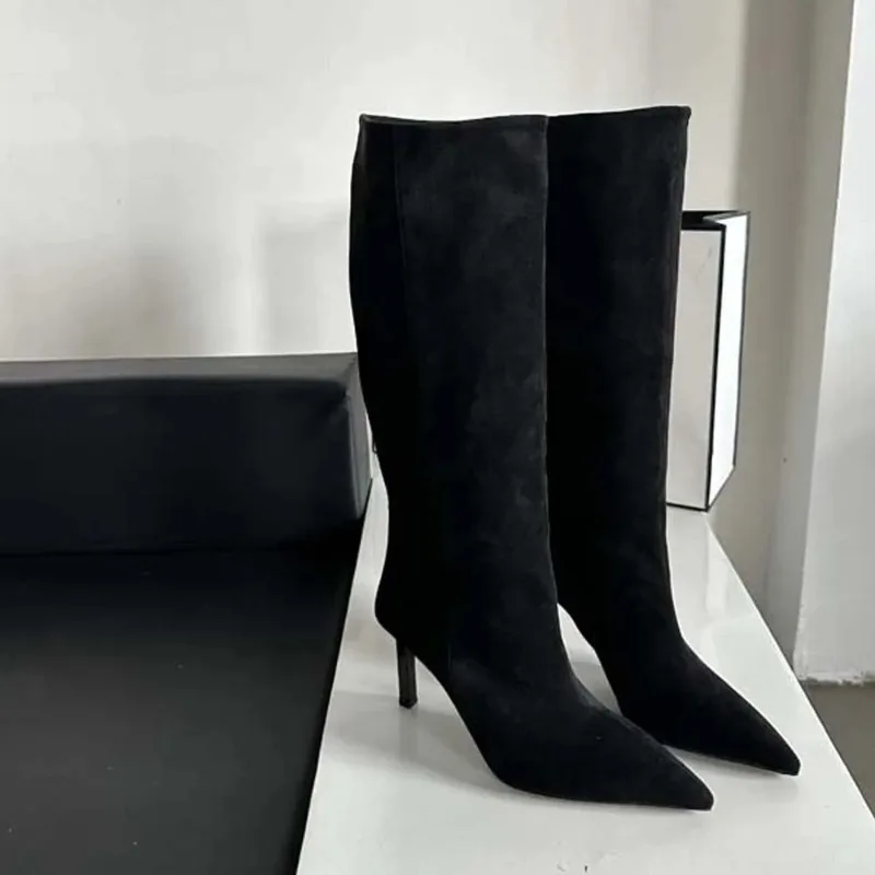 Luxury Women Long Boots Fashion Suede Slouch Boots French Style Pointed Tip High Heel Boots for Woman Designer Shoes Botas Mujer