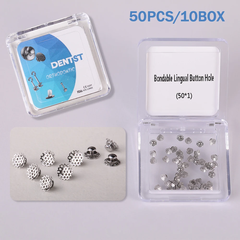 Botón lingual hueco Dental con agujeros, accesorio de ortodoncia perforado, materiales de odontología, 50 unids/bolsa