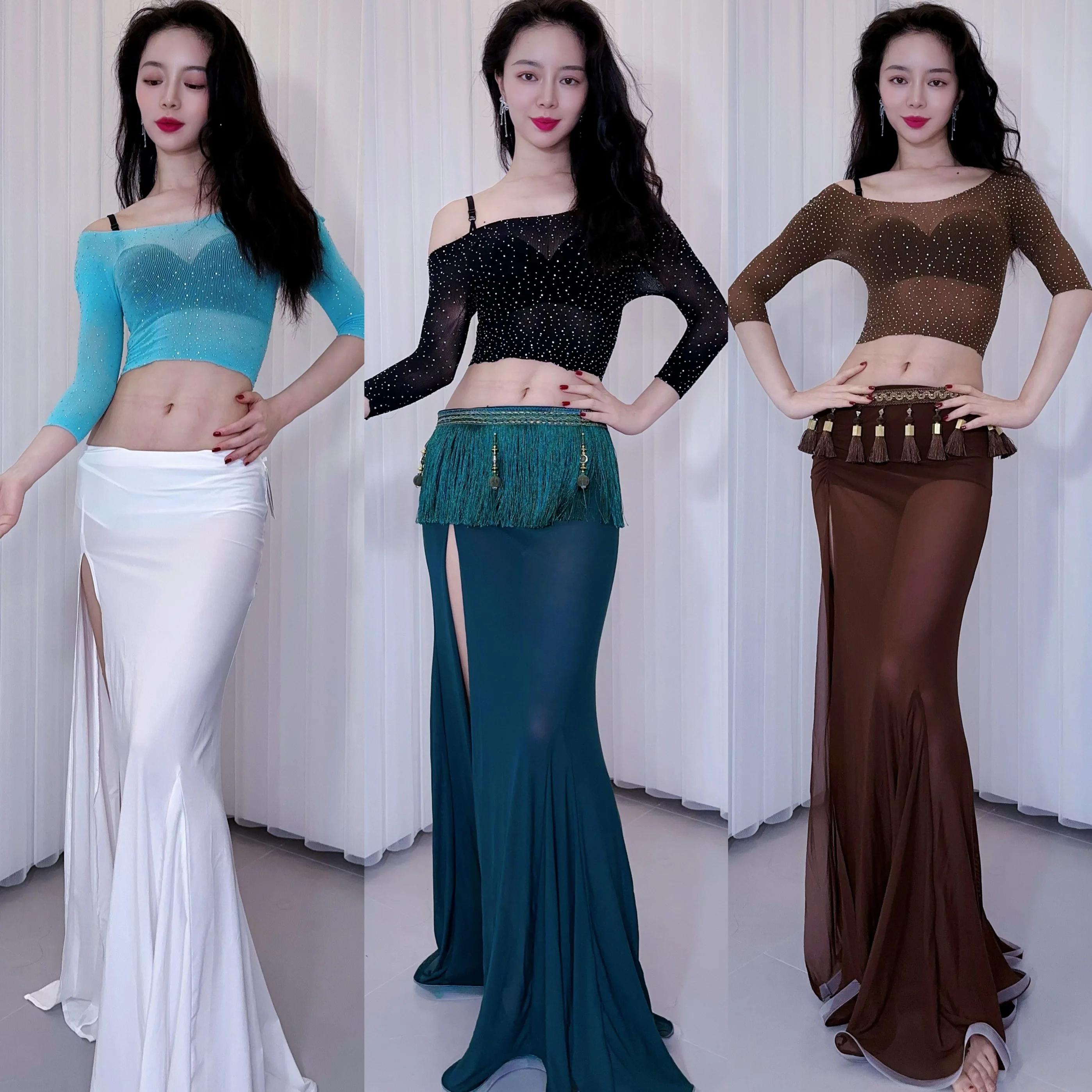 New Belly Dance Clothing Set Customized Light Luxury Diamond Top+Sexy Split Long skirt suit  Belly dance performance costumes