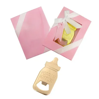 Wholesale price Gold Baby Bottle Bottle Opener Pink Blue Box Return Gifts for Guests Birthday Party Supplies