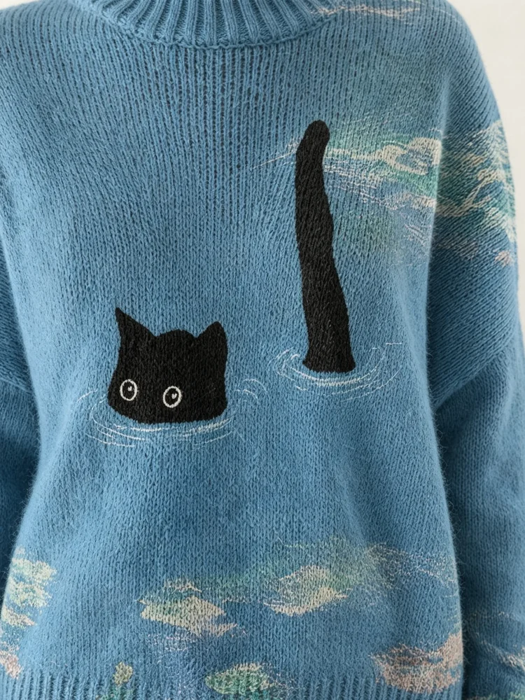 Women Light Blue Loose Knit Sweater Cute Black Cat Swimming In Ocean Oil Painting Print Crew Neck Long Sleeve Casual Pullover