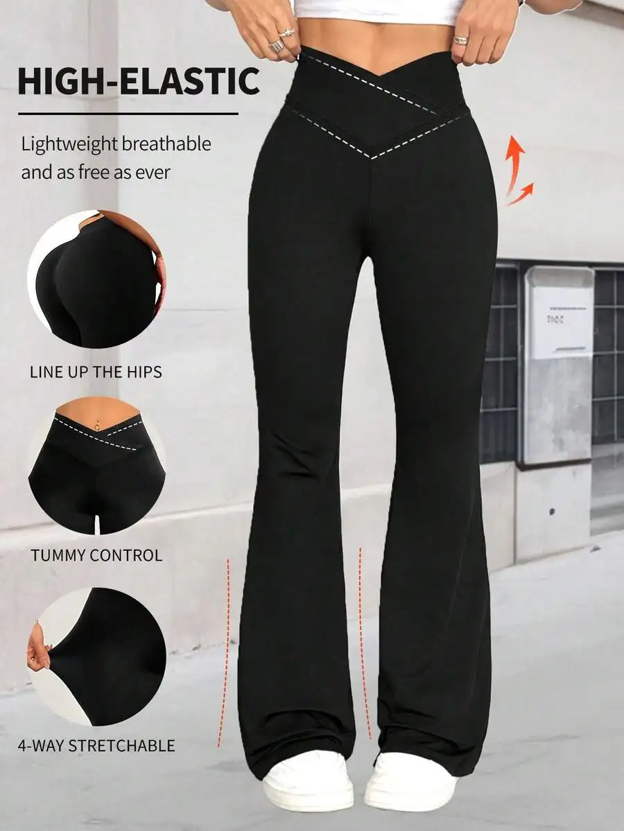 

[Extremely Soft] Criss-Cross Elastic Flare Pants, Minimalist High Waist Commuting & Yoga Pants, Sexy Casual Sports Leggings, Sin