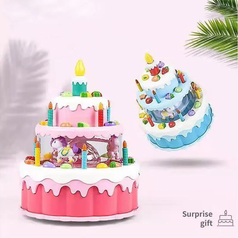 Mini Size Electric Carousel Birthday Cake Toy With Music Rotating Play House Toy Children Birthday Cake Educational Toys Kid Gif