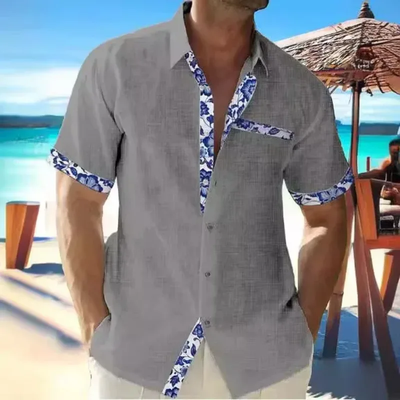 

Pop 2024 Men's New Hawaiian Beach Holiday Shirt Short Sleeve Cardigan Shirt Men's Cuff Front Color Lapel Shirt