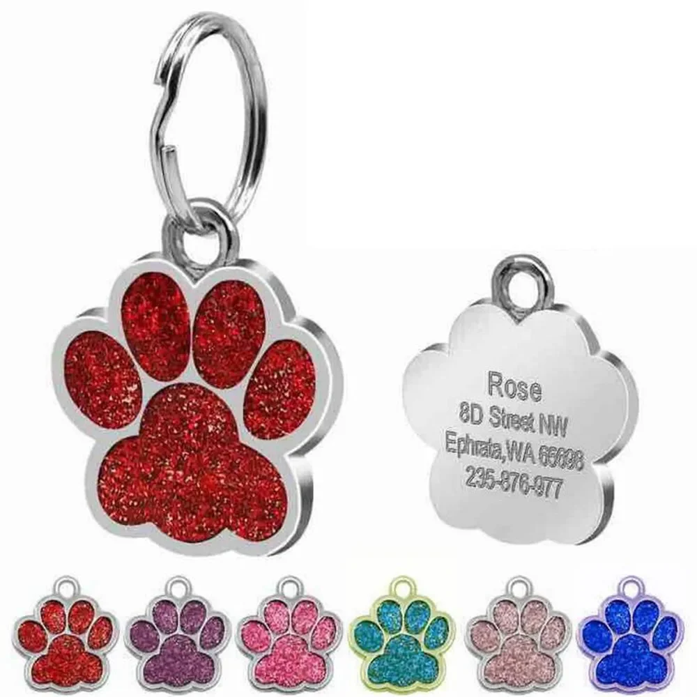 PAW Pet Dog Tags Glitter Personalised Cat Puppy ID Tag Collar Tags Engraved Free