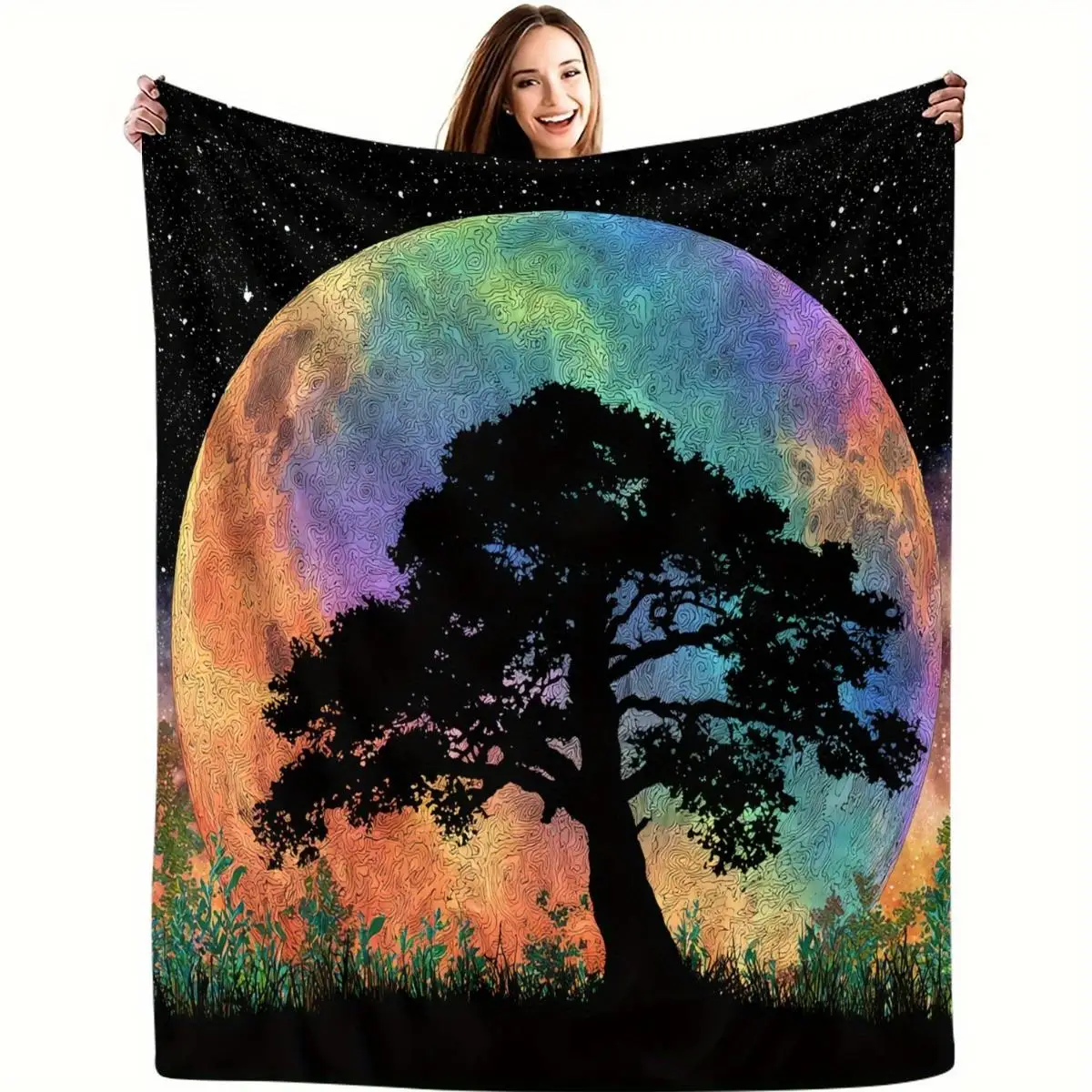 Aesthetic Cosmic Sunset Throw Blanket Boho Galaxy Tree Moon Nature Decor Cozy Lap Throw for Couch Living Room Gift
