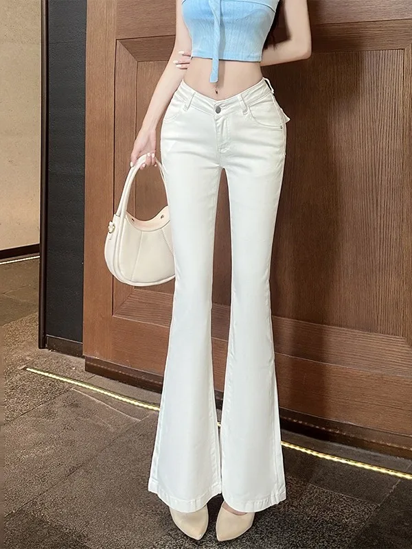

Retro Korean Style Fixed Flared V-Waist Design Jeans Slimming Casual Bootcut Denim Long Pants Available in 5 Colors