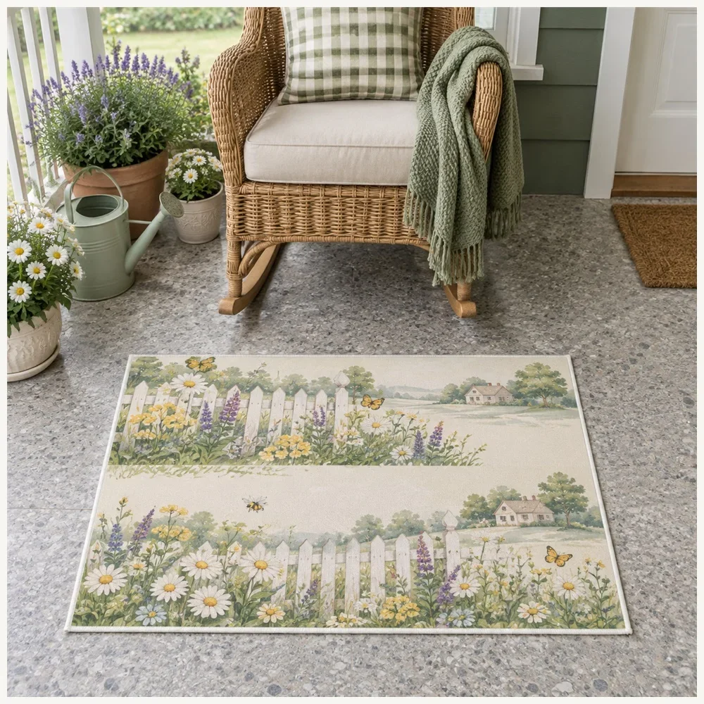 VIKAMA Picket Fence Door Mat, Soft Non Slip Flannel Rug, Country Charm Floor Mat for Conservatory, Dining Room, Bathroom