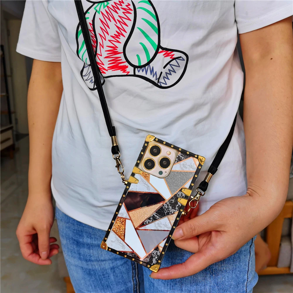 

Luxury Glitter Geometric Pattern Cover Retro Women Crossbody Lanyard Phone Case for Redmi Note 14 pro 14C 13 11 10C 13C 12C POCO