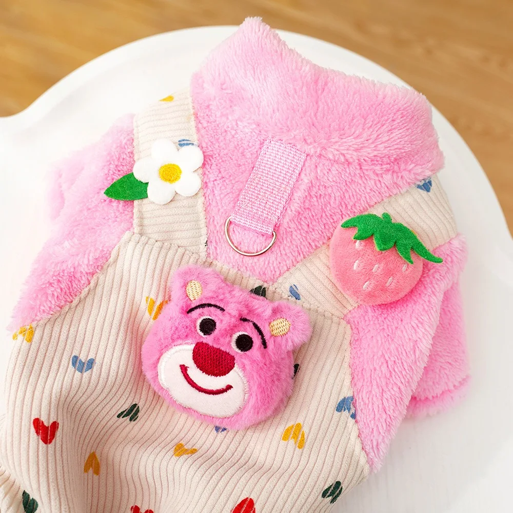 Costume da orso rosa Abbigliamento invernale per cani di piccola taglia Morbida flanella con stampa a cuore Tuta per gatti Traspirante a quattro gambe Abbigliamento maltese