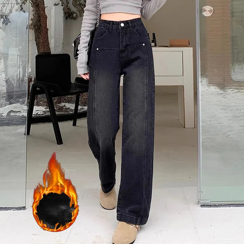 Winter Weibliche Retro Gerade Bein Plüsch Jeans Mädchen Koreanische Hohe Taille Fleece Denim Hosen Frauen Mode Baggy Thermische Hosen