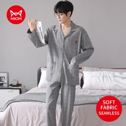 MiiOW Winter Men's Pajamas Set Fashion Grey Plaid Mens Turn-down Collar Long Sleeve Loungewear Cotton Sleepwear Male 3XL Pyjamas