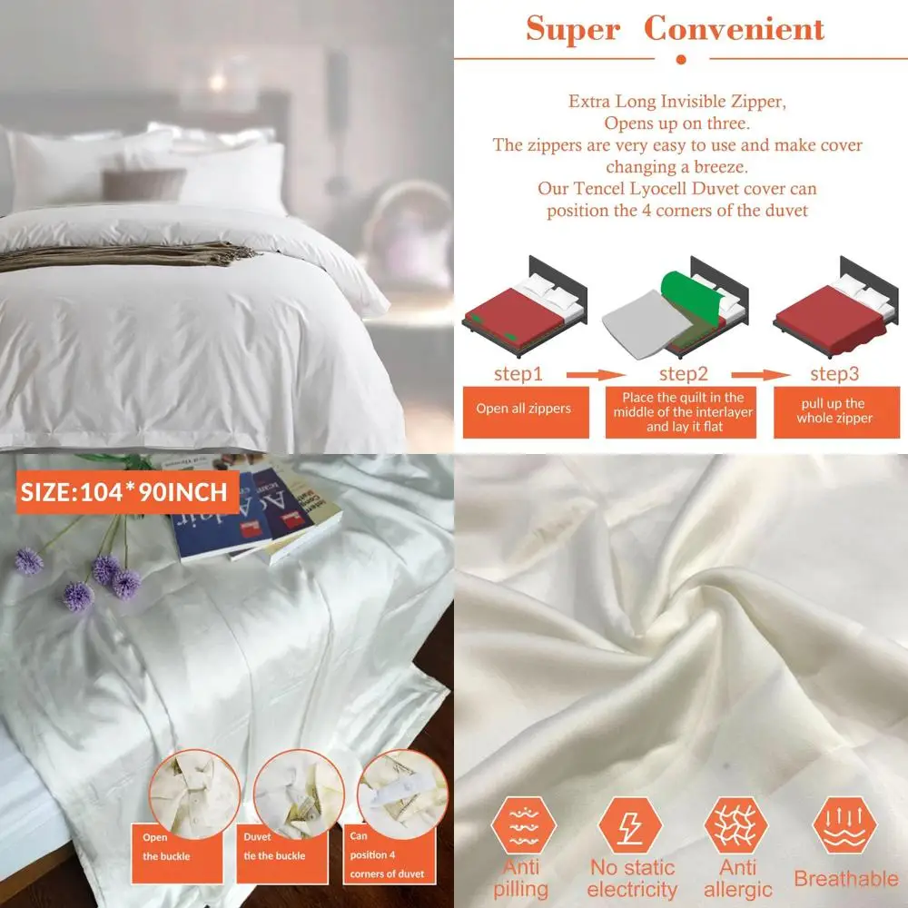 

King Size 100% Natural Tencel Lyocell Duvet Cover with 3-Sided Zipper, 90x105 Inches, Soft & Luxurious Triple-Zip System