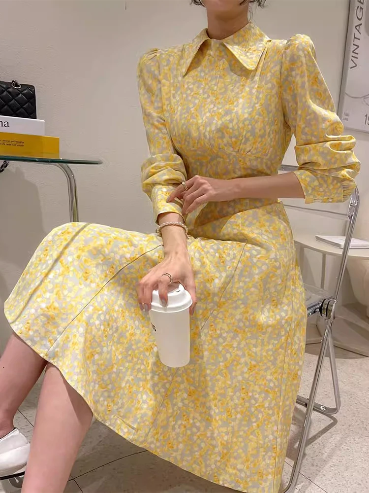 Peter Pan Collar Floral A Line Midi Shirt Dress Vintage Elegant Fall Spring Yellow Office Korean Puff Sleev Korean Blue Sukienka