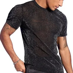 New Mens Sexy Summer Flash Sequin Shiny Mesh Sheer Short Sleeve T-Shirts Club Party Tops Transparent Round Neck Men's T-shirt