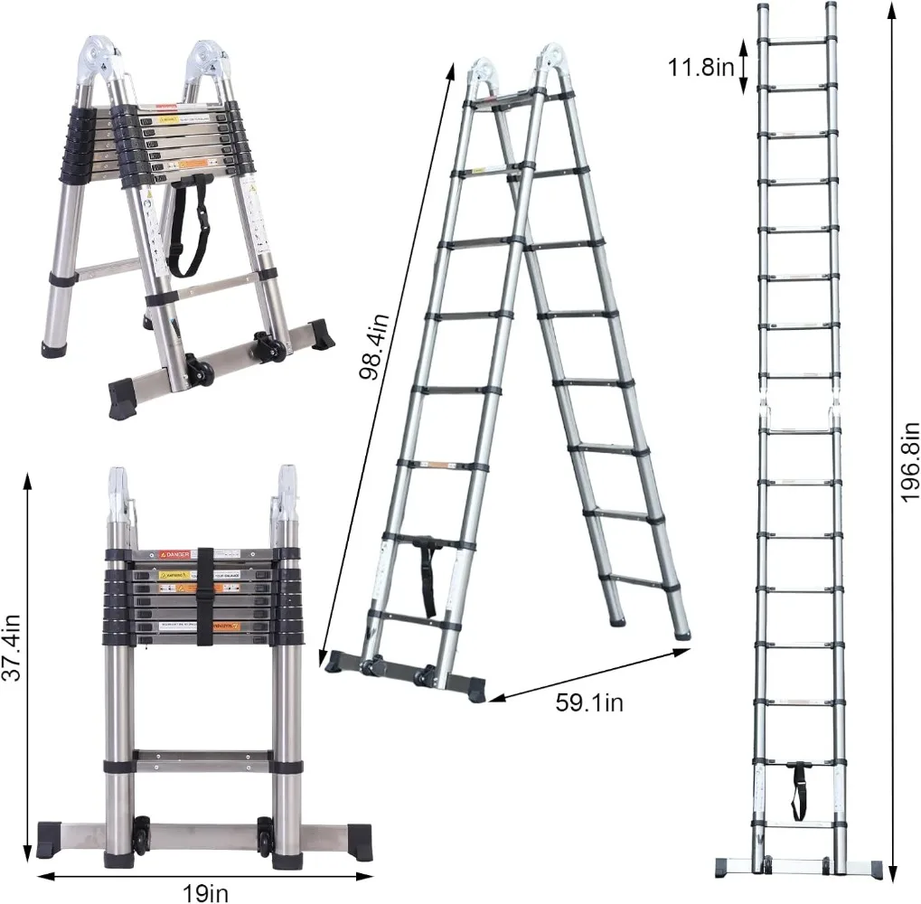 BOWEITI Telescoping Ladder,16.5FT Telescoping A Frame Ladders with Movable Wheel,Household Use Stainless Steel Folding Ladder