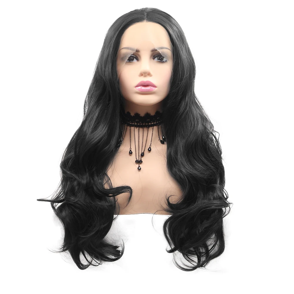 Black Front Lace Wavy Wig Suitable For Black Women Natural Black Hair 24 Inches Heat Resistant Fiber Party or Everyday Wear