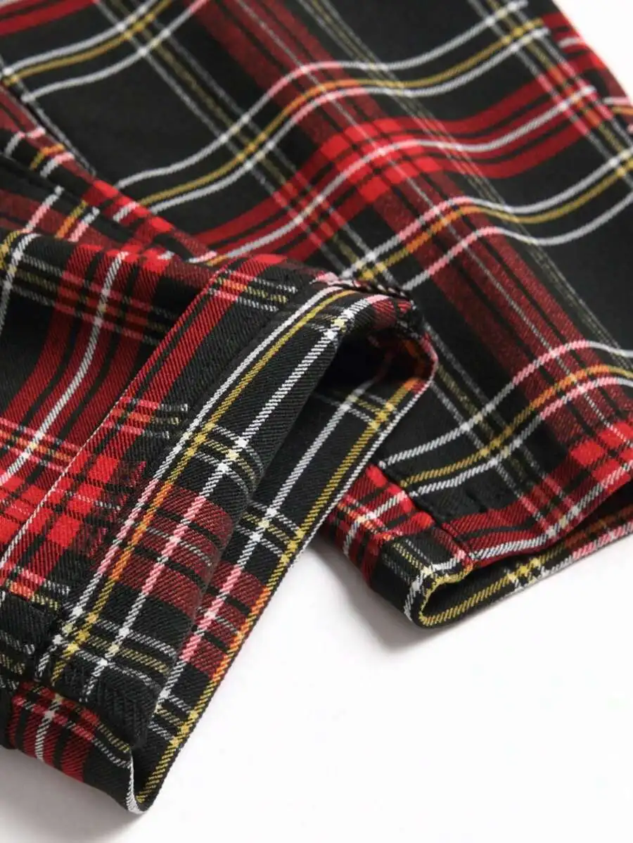 Mens Plaid Slim Fit Stretch Chinos Pants Business Casual Flat Front