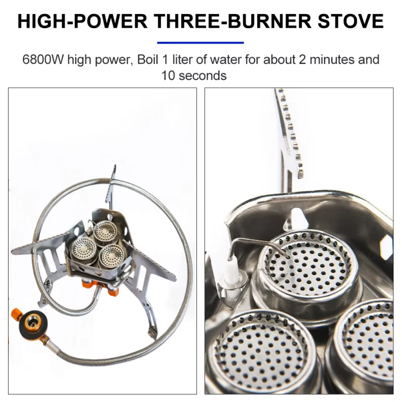 موقد غاز ثلاثي الرؤوس، موقد للتخييم للسفر، موقد تخييم قابل للطي على طراز حقيبة الظهر، أدوات المشي لمسافات طويلة في الهواء الطلق والنزهات