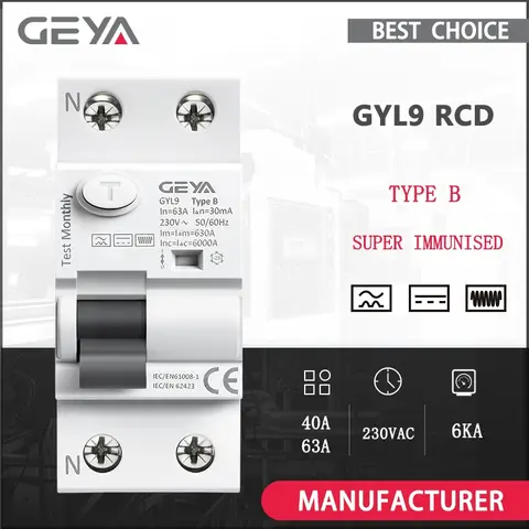 GEYA GYL9 Magnetic B Type RCCB Residual Current Circuit breaker DC ELCB 2P 4P 40A 63A 30mA 100mA 300mA Type B RCD Leakage 6KA