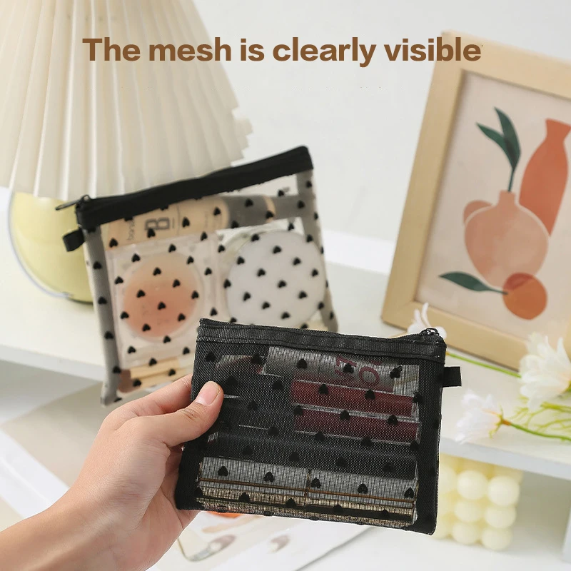 Nylon Mesh Cosmetic Storage Bag Zipper Heart Pattern Toiletry Organizer Makeup Bags Multifunctional Lipstick Key Coin Purse