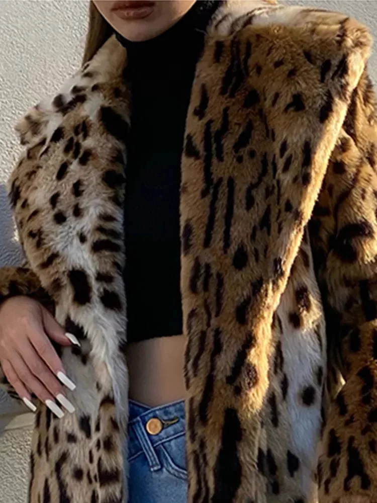 Altes Geld Winter Frauen Eco Pelzmantel Leopard Print Anzug Kragen Künstliche Pelz Jacke Für Dame Lange Über Das Knie Weibliche Pelzmantel