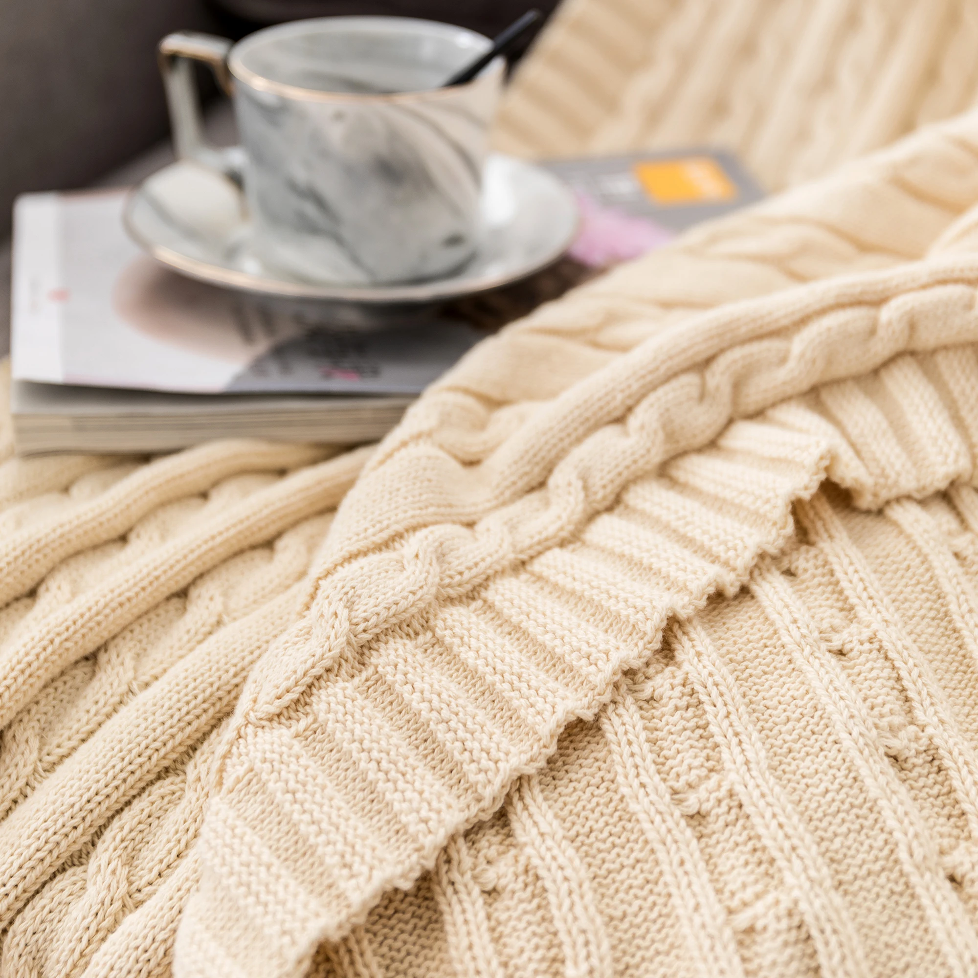 Battilo Cotton Knitted Throw Blanket Soft Cozy Cable Knit Sofa Throws Large Heavyweight Decorative Blanket for Twin Queen Bed