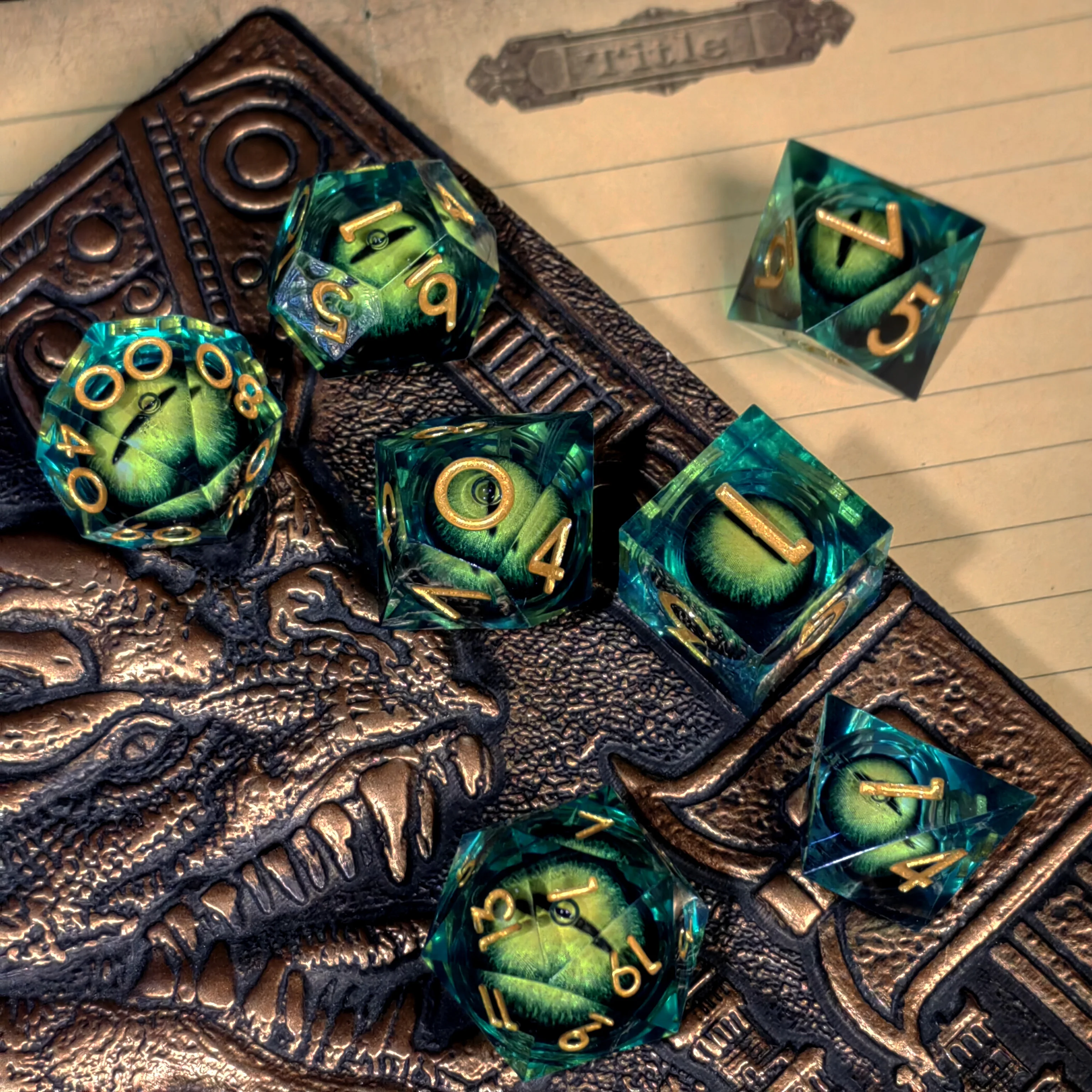 DnD Dice Set - 7-Piece Resin Polyhedral Dice with Spinning Dragon Eye Core, Light Green for Dungeons and Dragons, Tabletop Games view 5