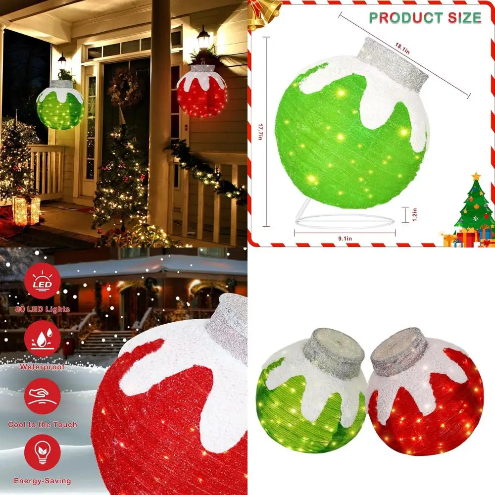 

Set of 2 Illuminated Pop-Up Holiday Balls, 80 LED Lights, 8 Modes, Outdoor Christmas Yard Decorations (Red & Green)