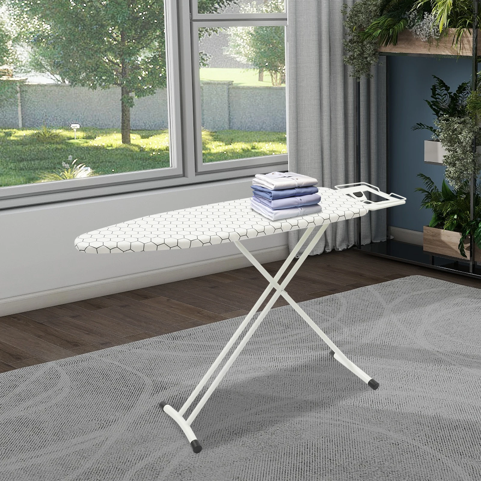 

White Carbon Steel 110x33cm Folding Ironing Board Height Adjustable Household Folding Ironing Table with Scratch-proof Panel