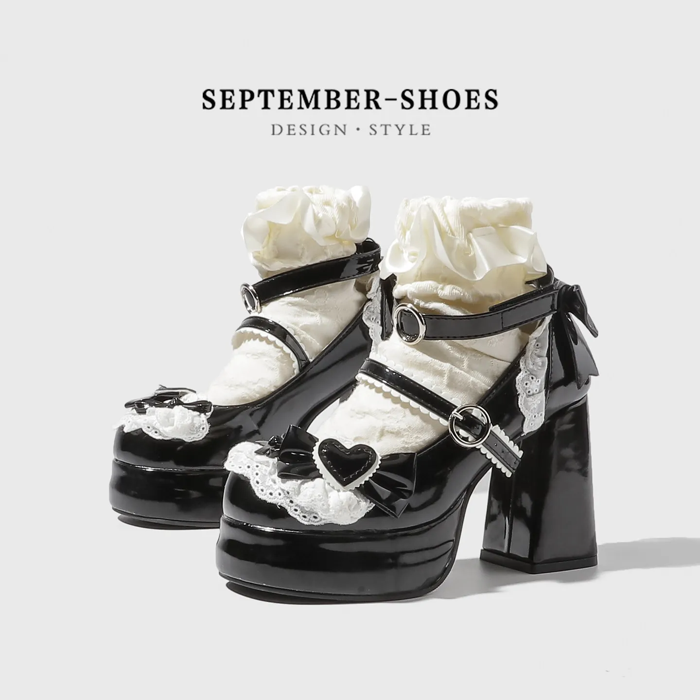 Sweet Lolita Mary Jane Shoes Platform Block High Heel Lace Bow Ankle Strap Jk Cosplay Patent Leather Women Party Shoes