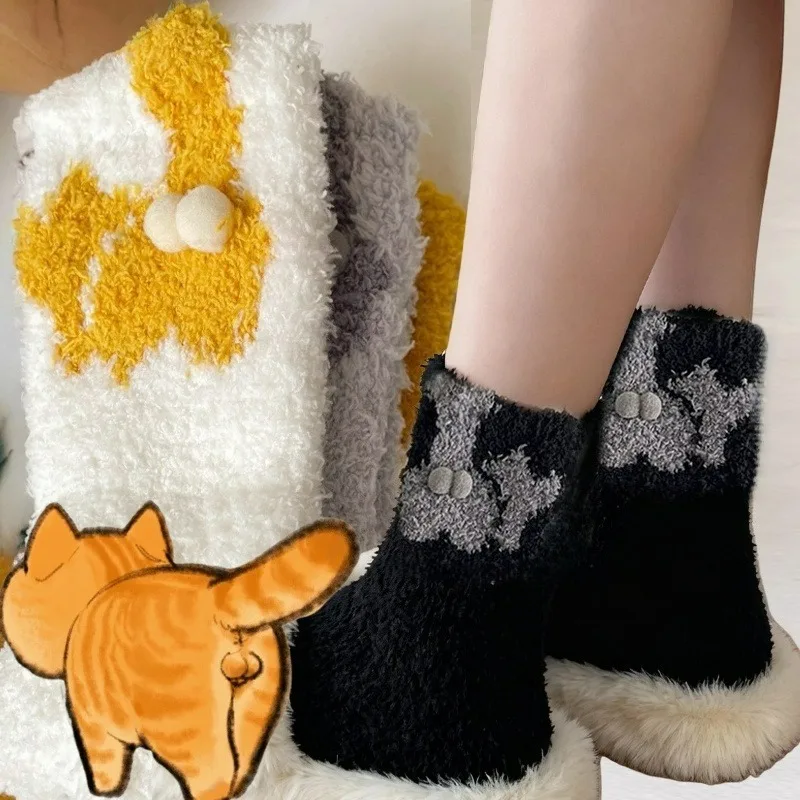 

1-4 пары плюшевых носков с изображением кота, коралловые флисовые зимние теплые толстые домашние носки для женщин, мягкие уютные нескользящие домашние чулки