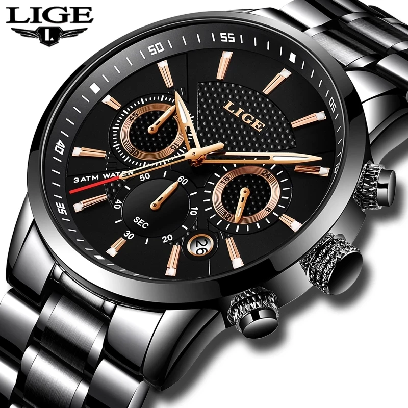 LIGE Watches Men's Sport Quartz Chronograph Wristwatches Luxury Stainless Steel Clock Luminous Date Men Watch Relogio Masculino