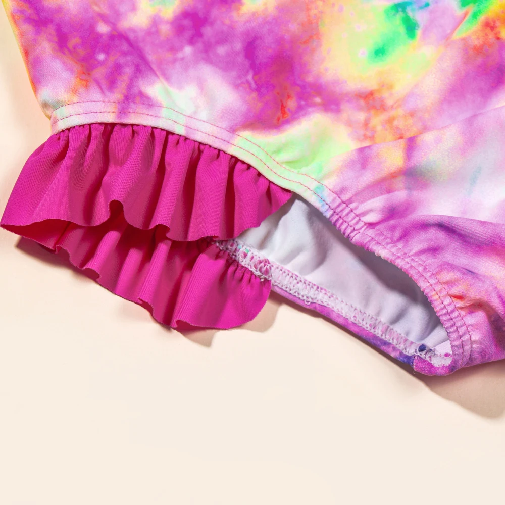 Kids Girls Swimwear Tie-Dye Printed Ruffles Long Sleeve Zipper Beachwear Outfits One-piece Bathing Suit