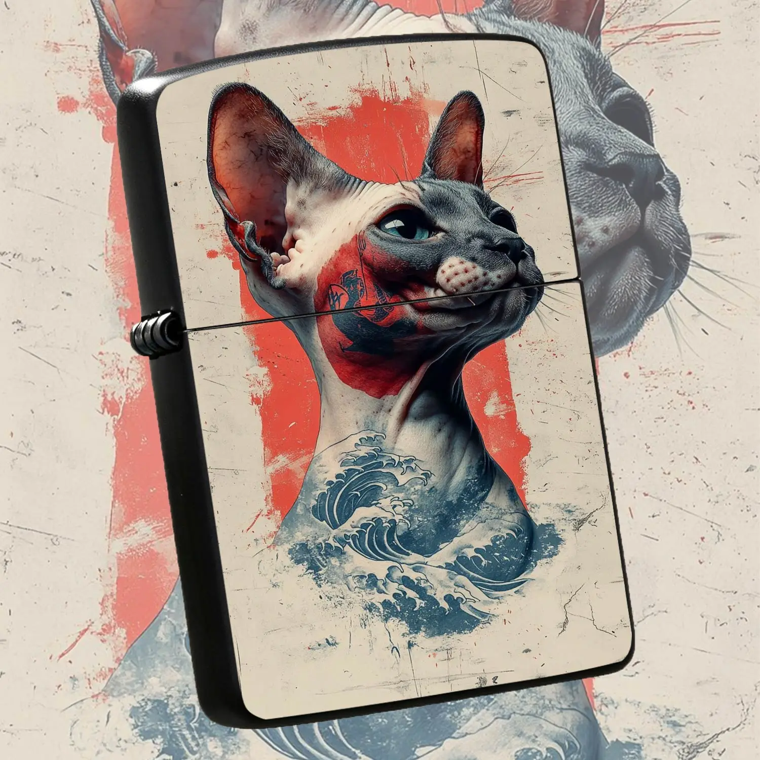 Japanese Style Edgy Tattoo Sphynx Cat Art Printed Lighter, Retro Textured Trendy Decor Item, Portable For Daily Outdoor Gifting, Multi-Scenario Compatible, Unique Creative Collectible, Stylish Practical Carry-Around Stuffy, Exquisite Niche