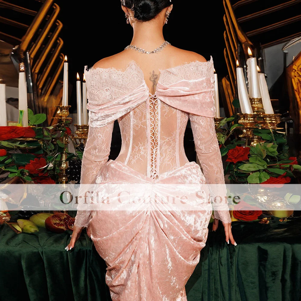 Abito da sera rosa con spalle scoperte per ragazze nigeriane Abiti da ballo a sirena in velluto di pizzo squisito personalizzati 2025