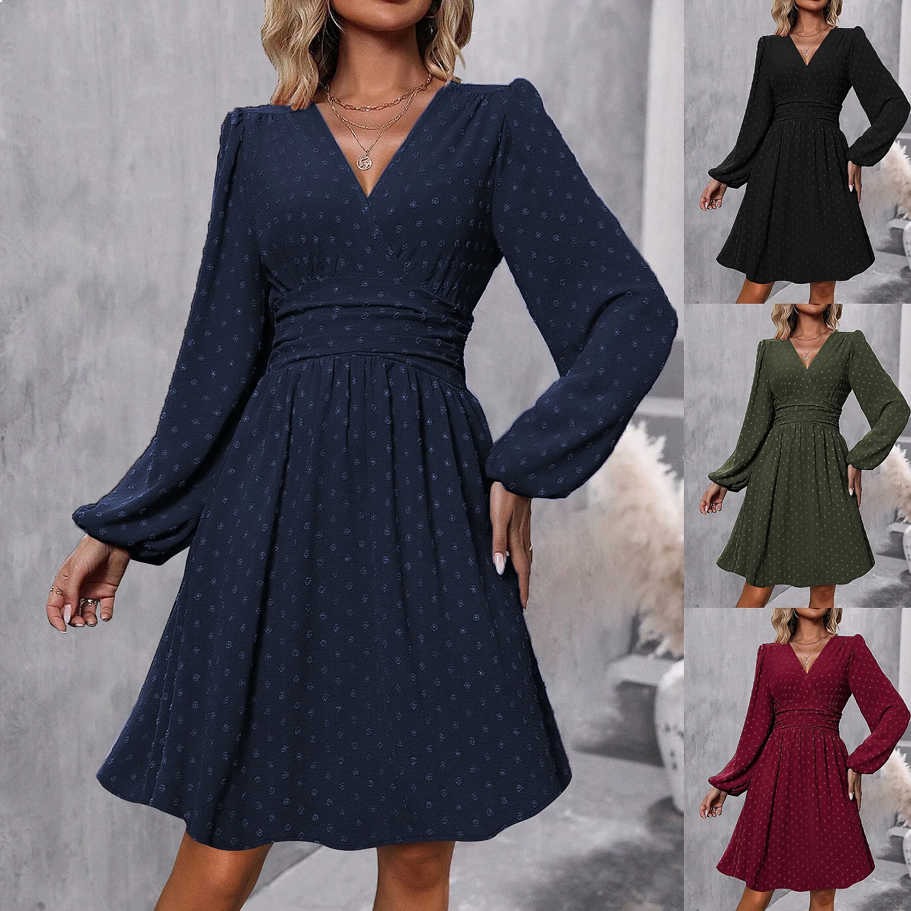 Vestido midi de mujer con cuello en V y manga farol de jacquard, estilo A-line fruncido para primavera-verano