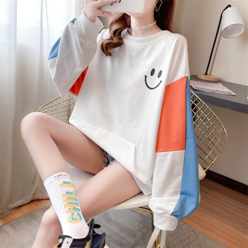 2024 New Women's Thin Long Sleeve Smile Print Pullover Casual Korean Loose Tops Spring Autumn Sweatshirt with Pocket Sports Wear