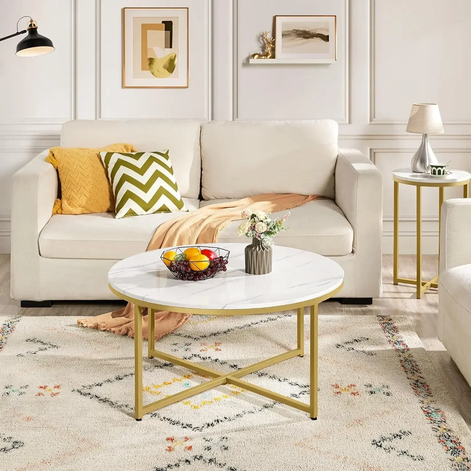 Faux Marble Coffee Table, 35.5in Round Coffee Table with Metal Legs for Living Room, Modern Center Table for Home & Office