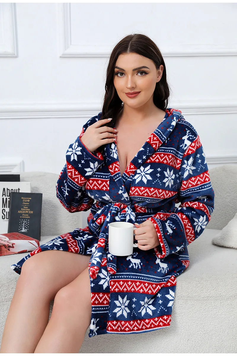 

Женский рождественский ночной халат с принтом снежинок, халат с длинными рукавами и v-образным вырезом, с капюшоном и поясом спереди, удобный теплый зимний халат, пижамы