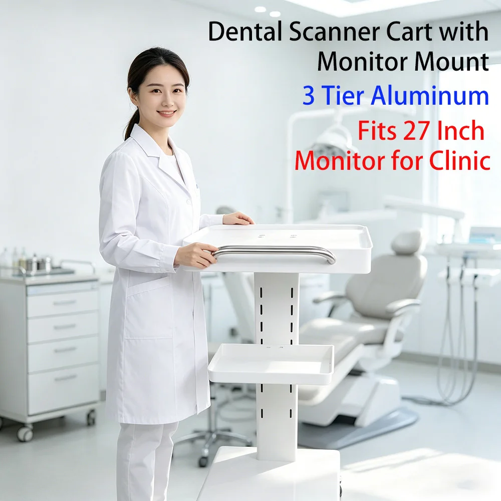 Dentals Scanner Cart with Monitors Mount, 3 Tier Aluminum Mobile Trolley with Power Strip, Fits 27 Inch for Clinic