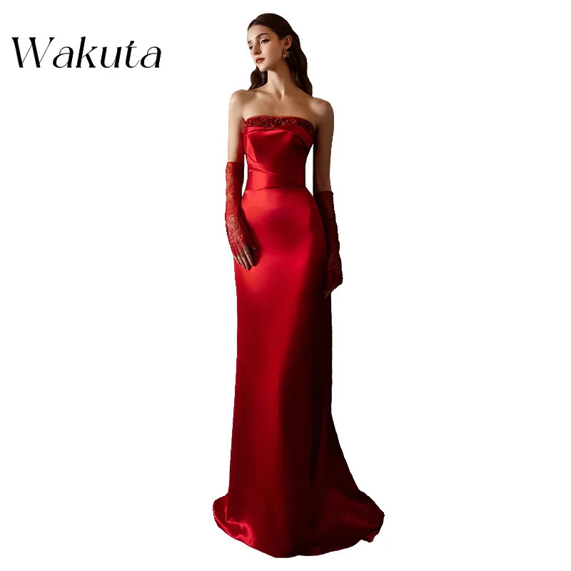 Wakuta Vintage Sheath Strapless Burgundy Dress Simple French Satin Engagement Dress Fishtail Backless Bridal Gowns فساتين السهرة